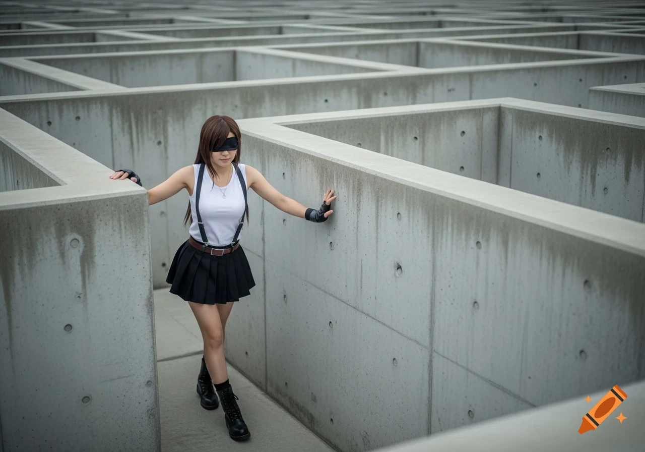 A blindfolded woman dressed as Tifa Lockhart walks cautiously, feeling her way through a large concrete maze.