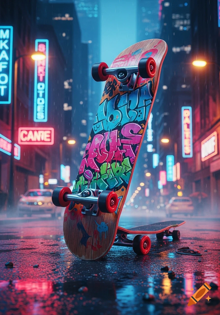 A vibrant skateboard with graffiti art leaning on a wet street at night, surrounded by neon signs and city lights.