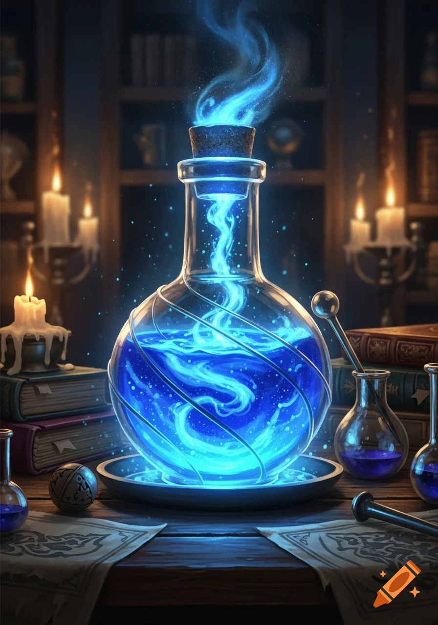 A mystical blue swirling potion in a glass bottle on a wooden table, surrounded by candles and old books in a dark, magical room.