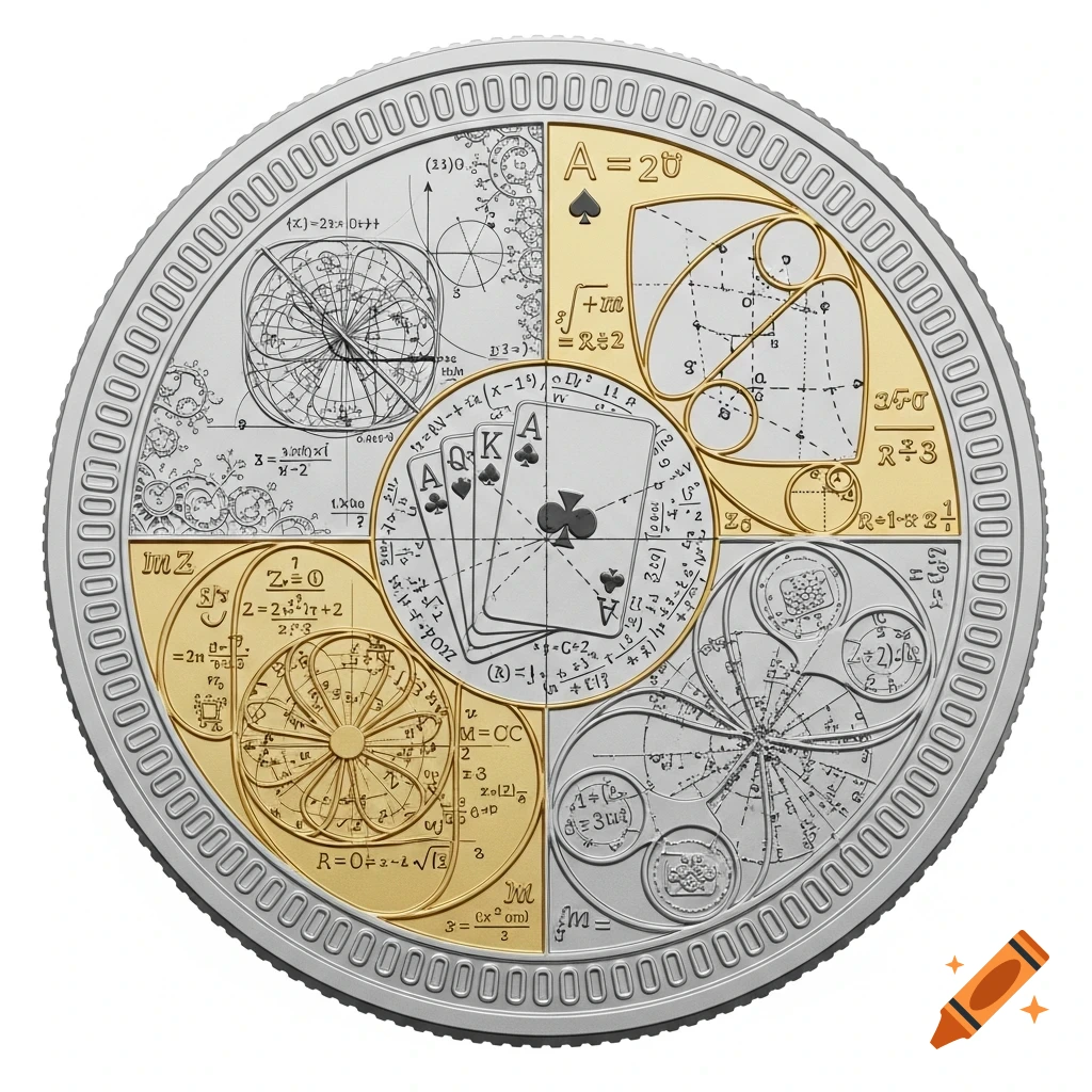 A two-tone silver and gold coin featuring a blend of mathematical equations and poker playing card elements, rendered in a detailed, metallic style.