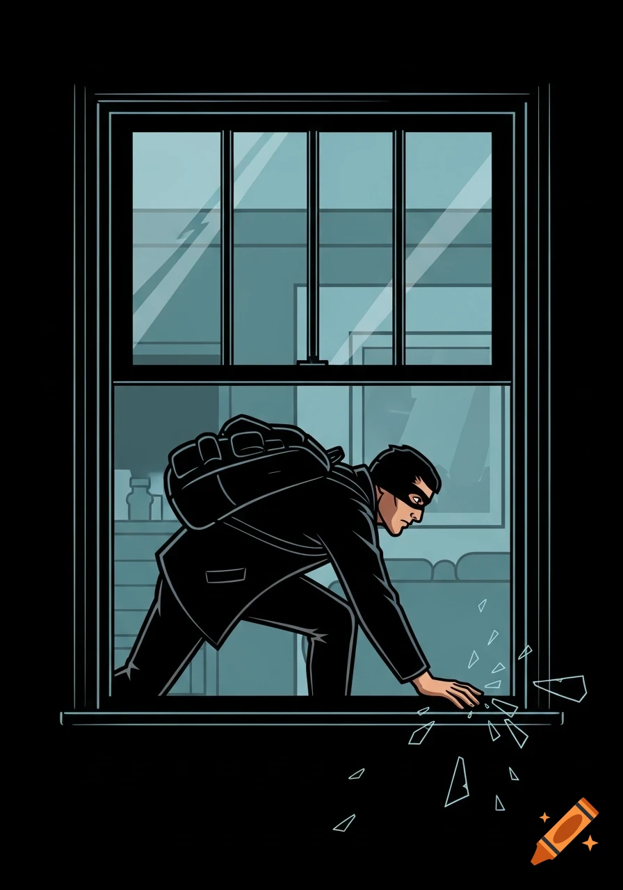A cartoon thief with a mask and backpack climbs through a broken window into a dark house, shards of glass scattered.