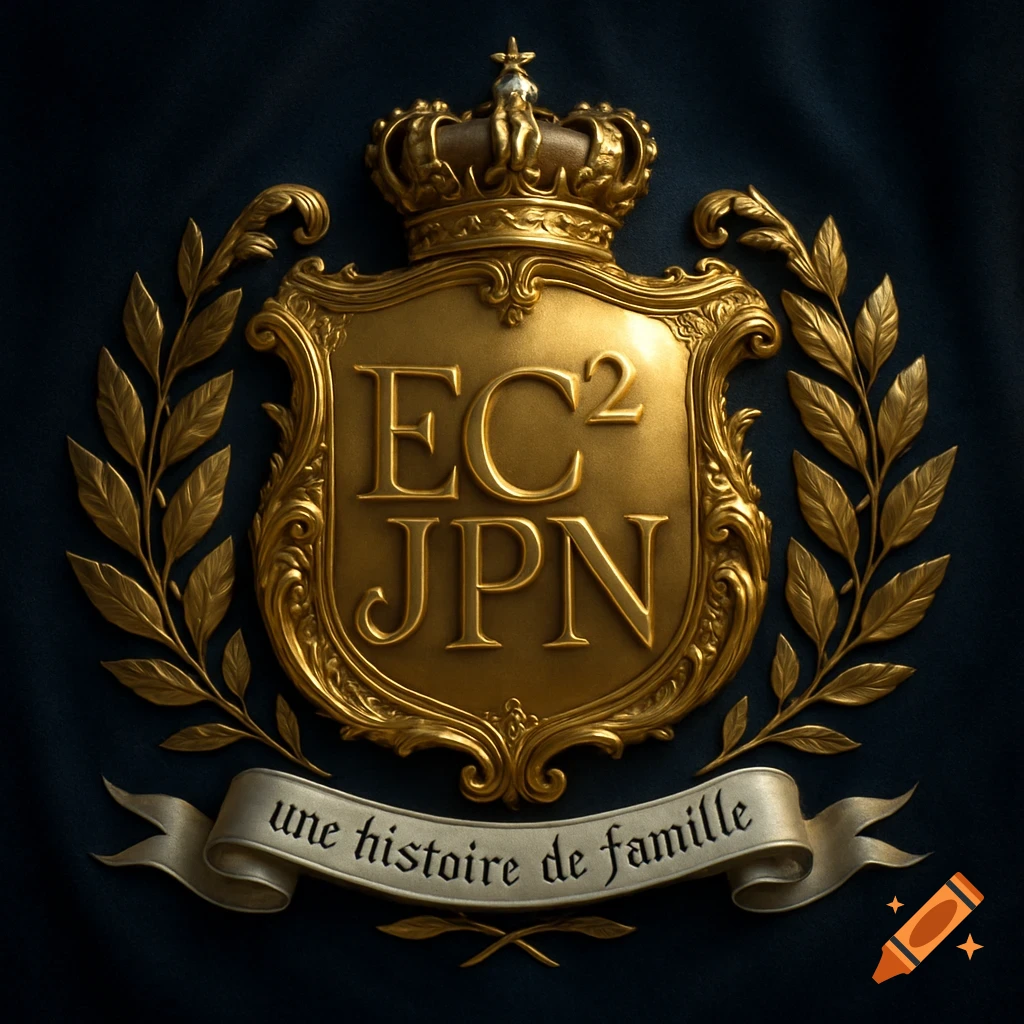 An ornate golden coat of arms with a crown, laurel branches, and a banner displaying "une histoire de famille", against a dark blue background.
