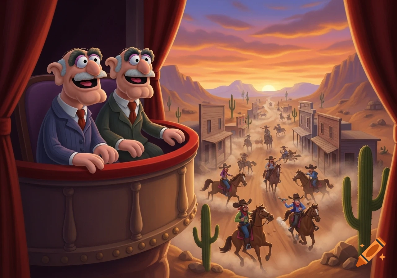 Statler and Waldorf from the Muppets laugh from a theater box at cartoon cowboys riding through a Western town at sunset.