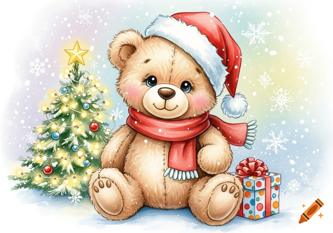 A cute cartoon teddy bear in a Santa hat and red scarf sits next to a decorated Christmas tree and a present in a snowy scene.