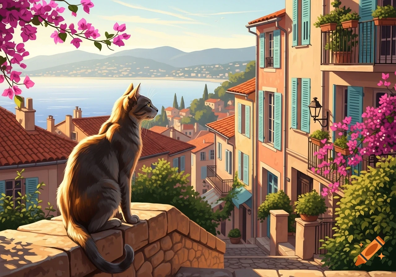 Stylized illustration of a cat on a stone wall overlooking a colorful Mediterranean town by the sea with bougainvillea.