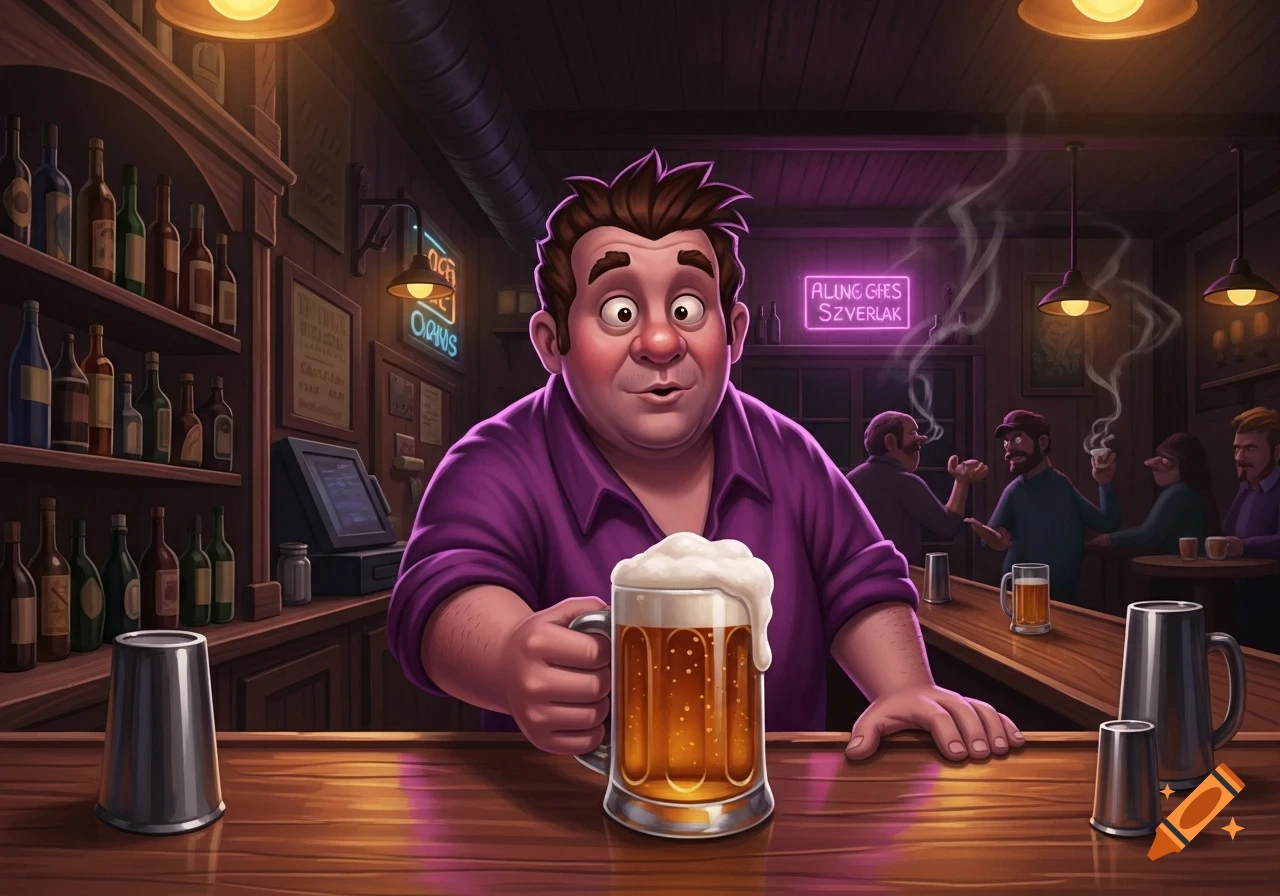 A cartoon bartender resembling Moe Szyslak, in a purple shirt, stands behind a dark wooden bar, offering a frothy mug of beer.