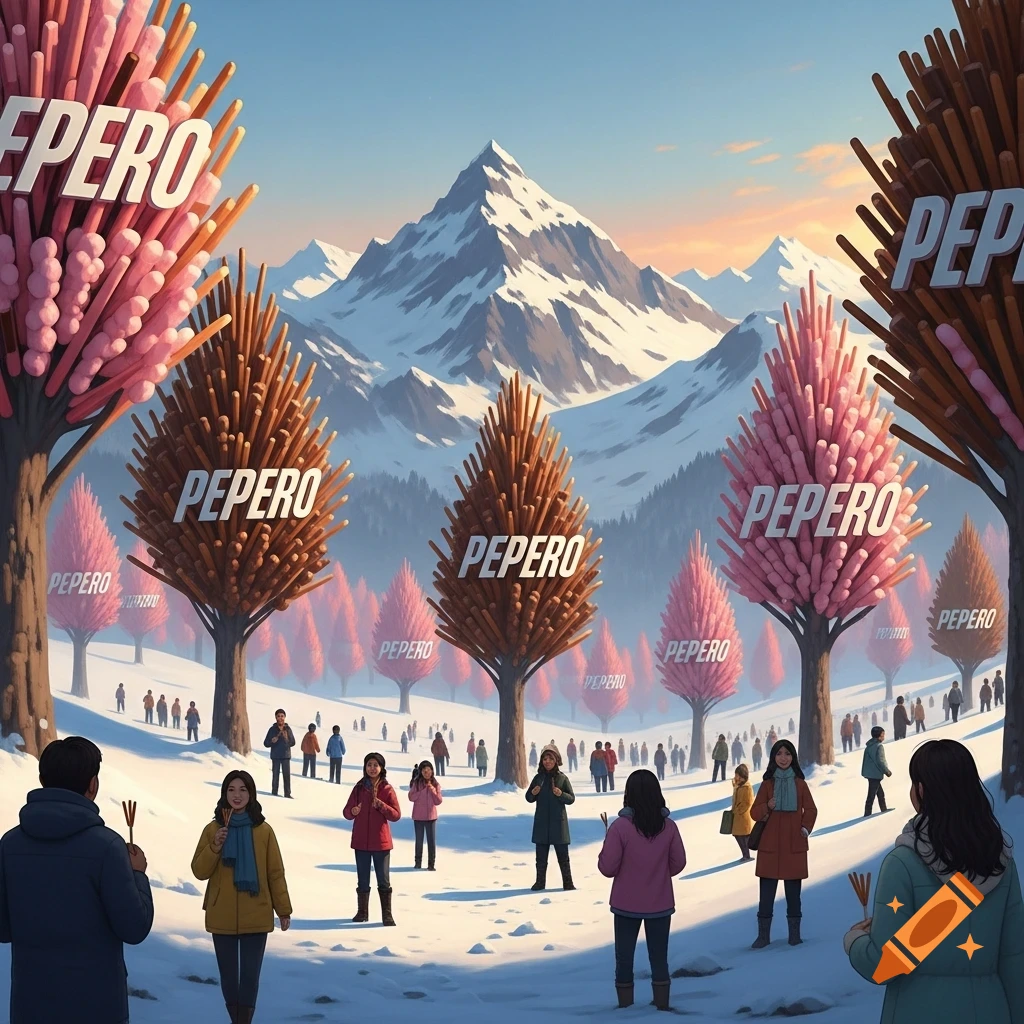 A snowy mountain landscape with people surrounded by large, stylized trees made of pink and brown Pepero snacks, under a clear sky.