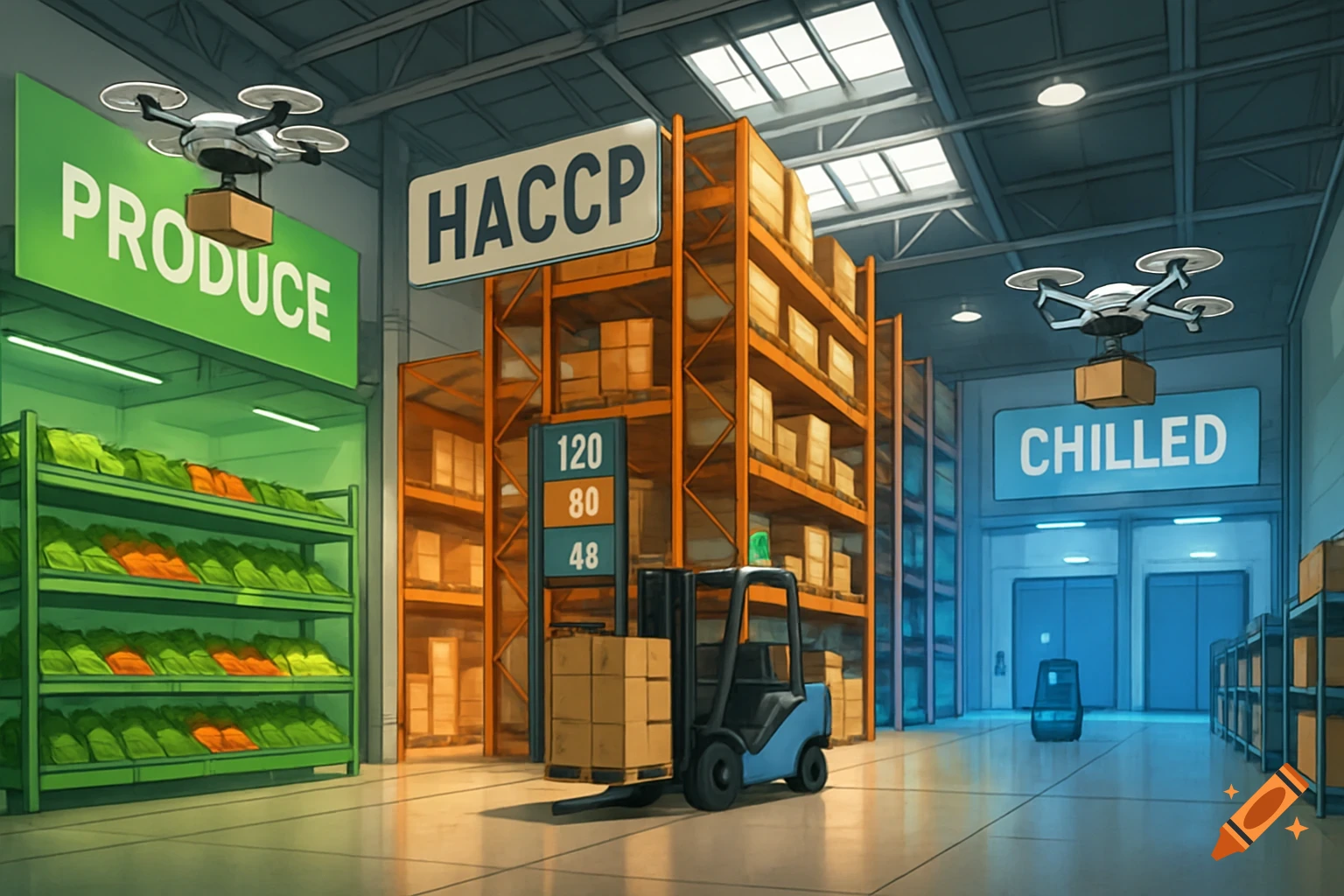 Stylized image of a modern warehouse with areas for 'PRODUCE' and 'CHILLED' goods, featuring forklifts, drones, and 'HACCP' signage.