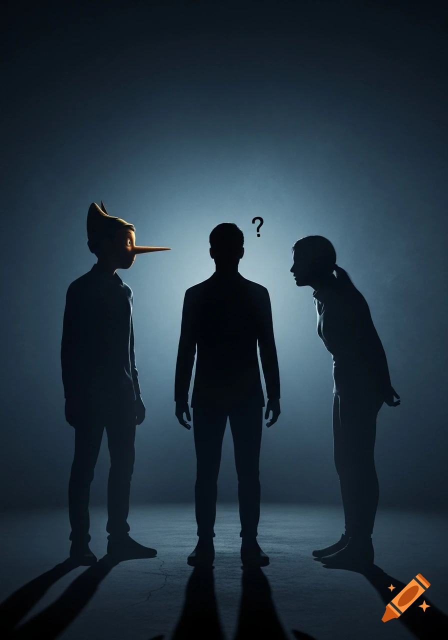 Three shadowy figures against a dark, foggy background; one's shadow has a Pinocchio nose, a question mark floats above the middle figure, and the rightmost looks surprised.