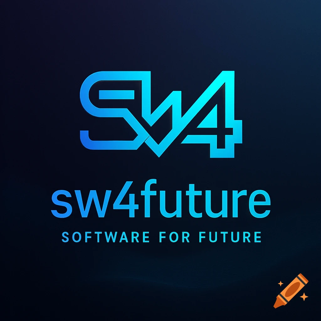 A blue gradient logo for 'SW4' with 'sw4future' and 'SOFTWARE FOR FUTURE' text on a dark background.