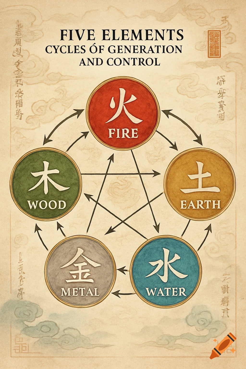 A beige diagram illustrating the Five Elements Cycles of Generation and Control, with labeled circles for Fire, Wood, Earth, Metal, and Water arranged in a pentagram shape.
