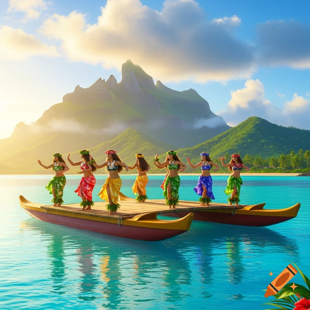Polynesian women in traditional attire dance on a double-hulled canoe in a tropical bay with mountains.