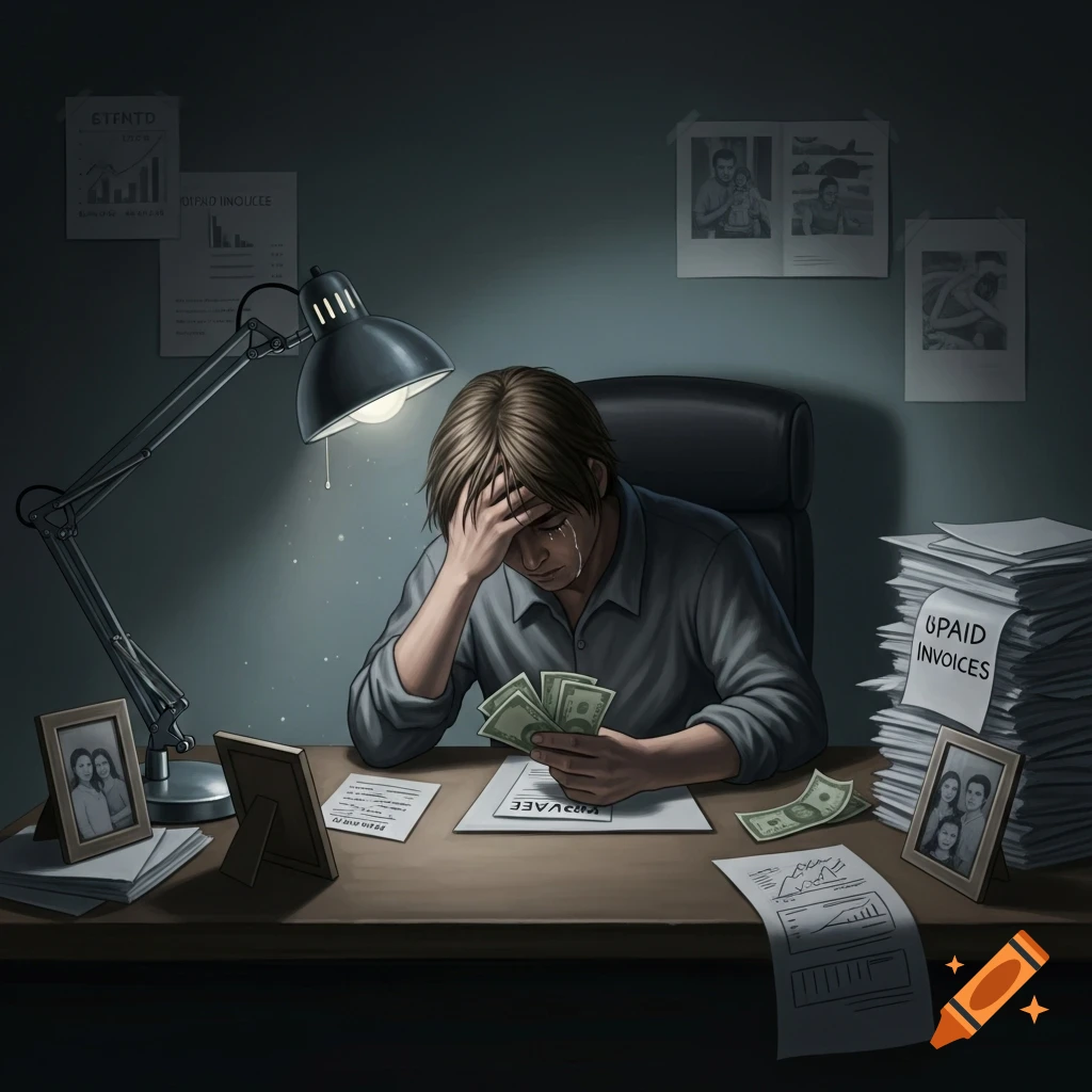 Illustrated man crying at a desk, clutching money amidst stacks of unpaid invoices and papers, depicting financial distress.