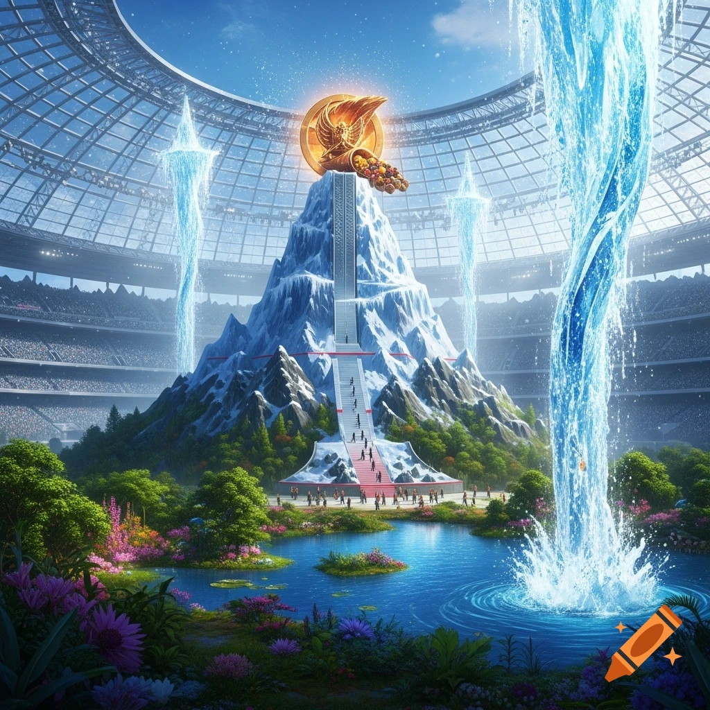 A vast, futuristic arena features a central snow-capped mountain, a golden cornucopia, waterfalls, a lake, lush forest, and stadium seating.