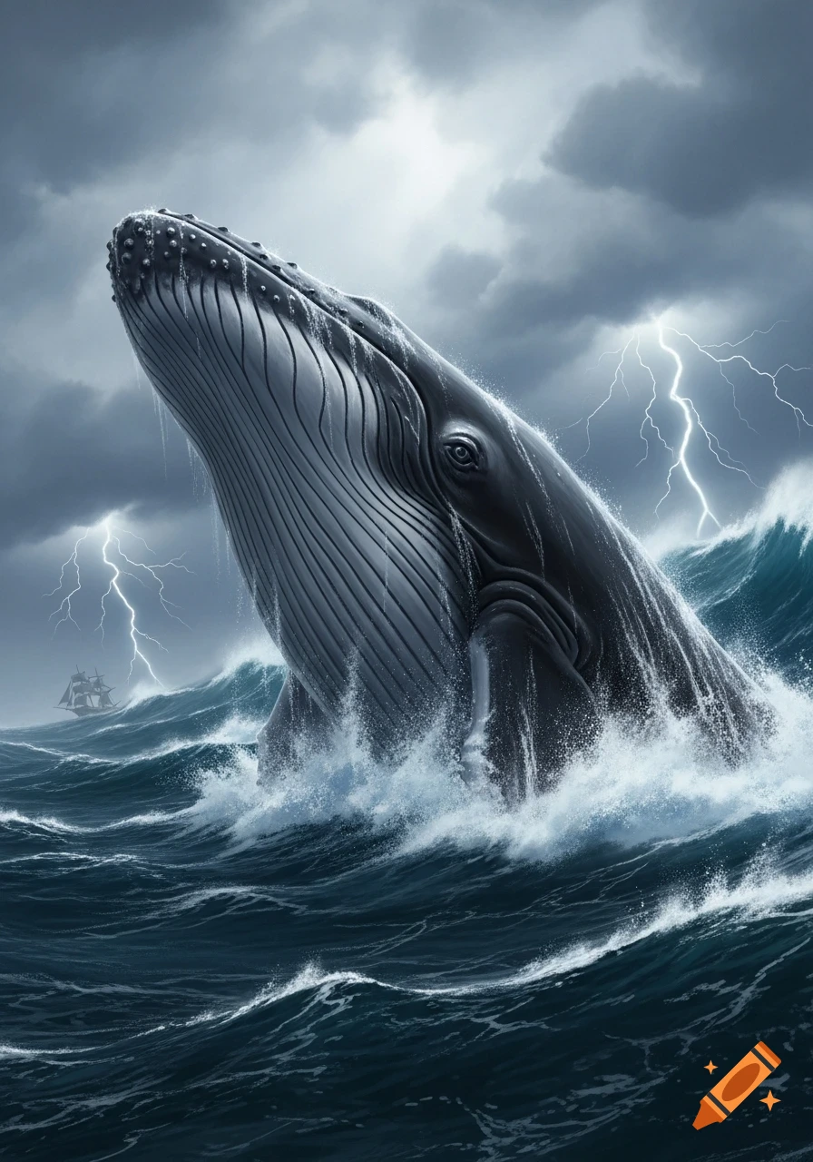 A large whale breaches dramatically from stormy ocean waves under a dark, lightning-filled sky, with a distant sailing ship.