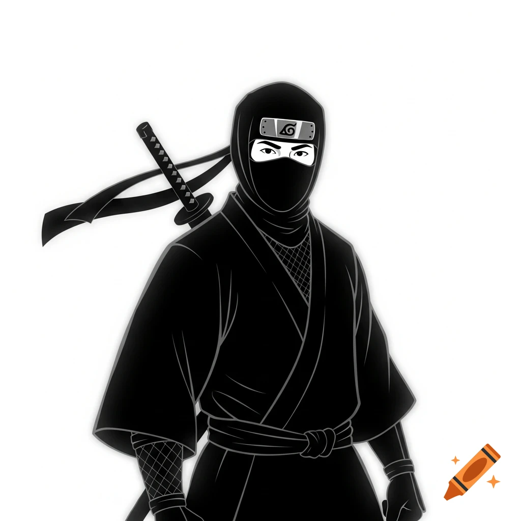 Stylized illustration of a ninja in a black suit with a katana on their back, against a plain white background.
