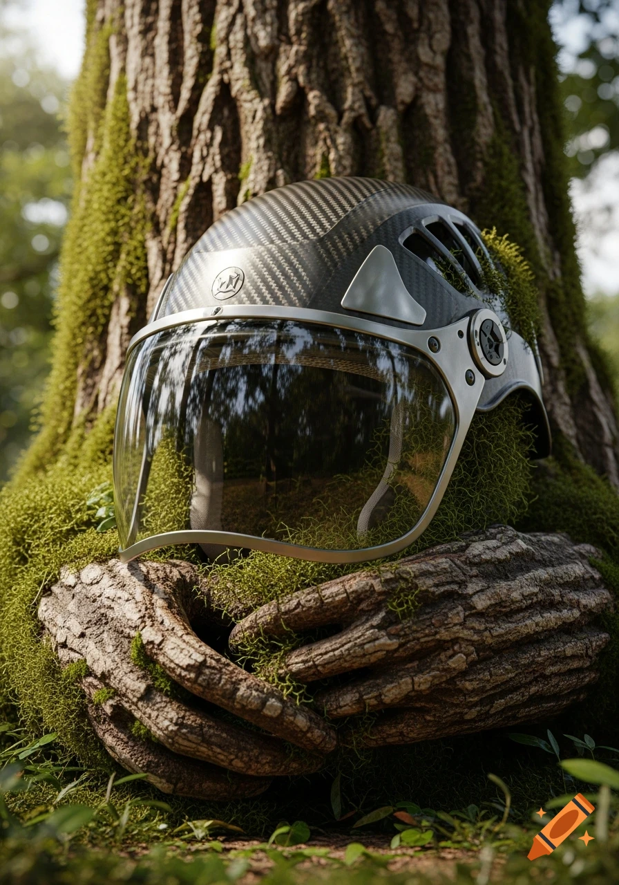 A premium arborist helmet with a carbon fiber pattern and clear visor rests on a moss-covered tree trunk and gnarled roots in a forest.