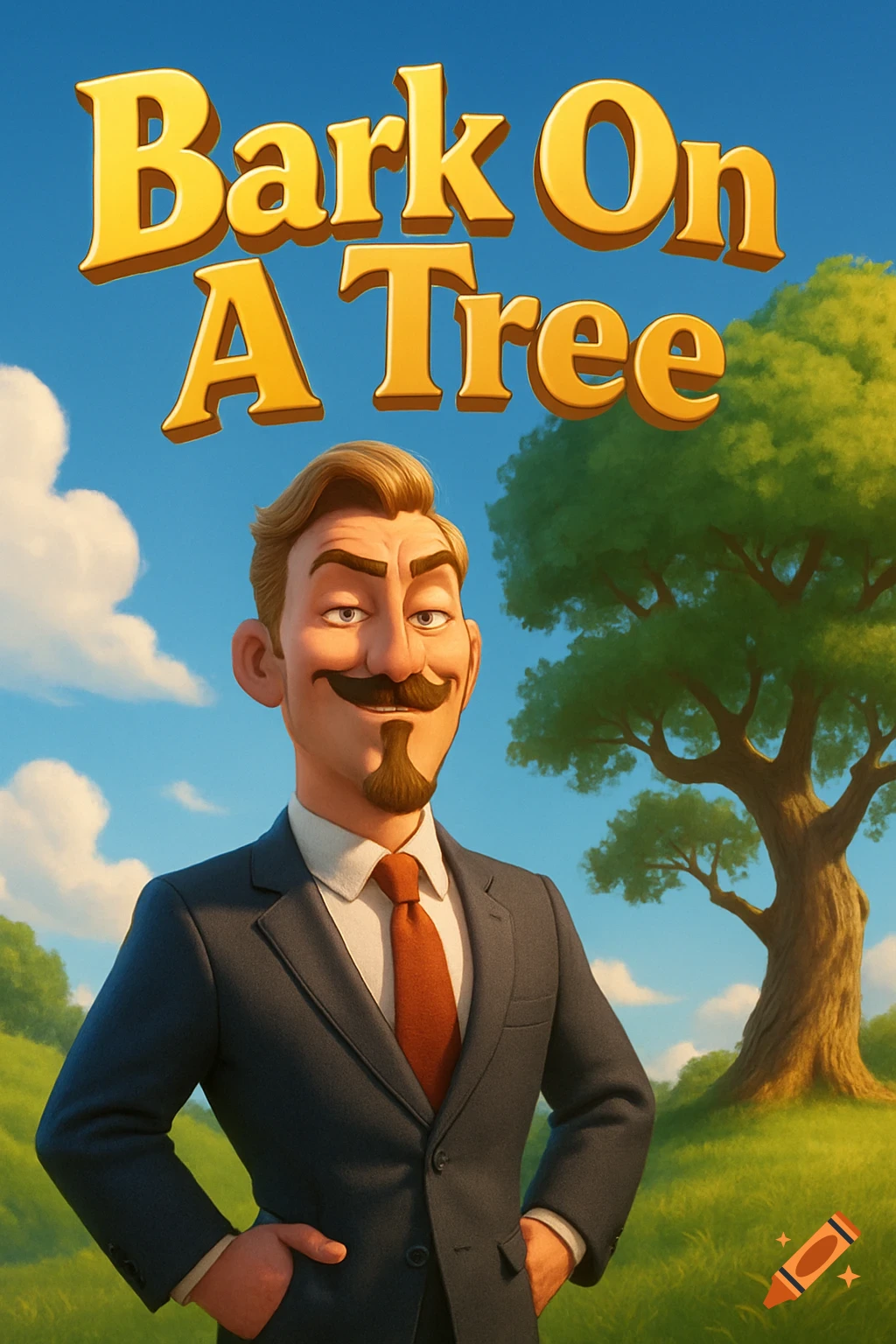 A smirking, 3D animated cartoon man in a suit with a mustache and goatee stands before a tree on a grassy hill, beneath the title 'Bark On A Tree'.