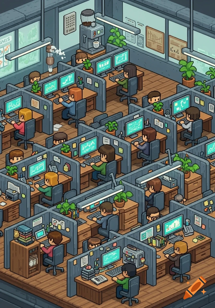 Pixel art isometric view of a busy office with employees working at computers in cubicles.
