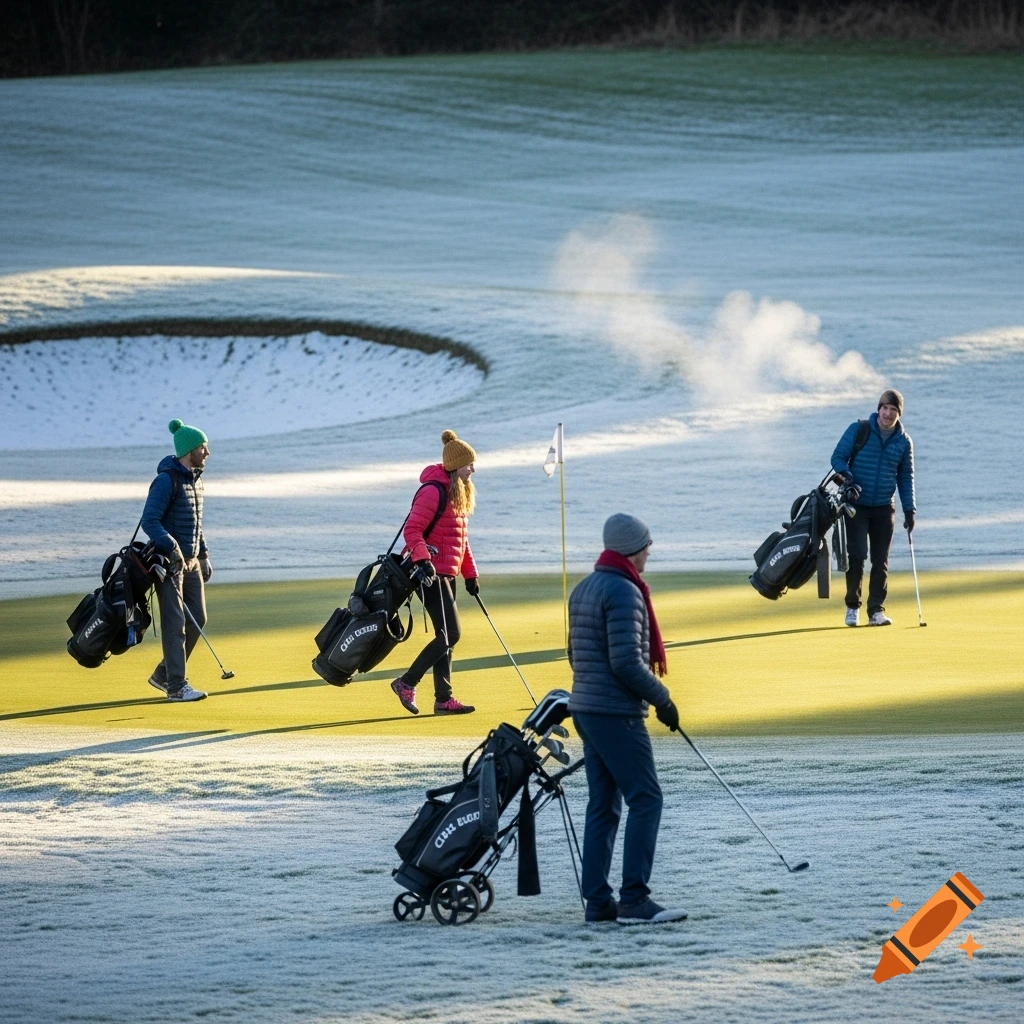 Four people playing golf on a frosty winter course, illuminated by cold sunlight. They wear warm clothing and carry golf bags or clubs.