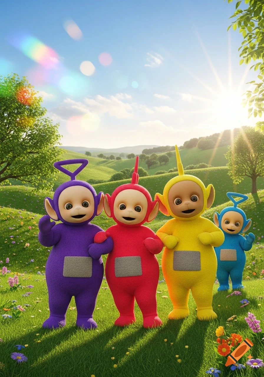 Four colorful Teletubbies (purple, red, yellow, blue) stand in a vibrant green, sunny field with flowers. Photorealistic.