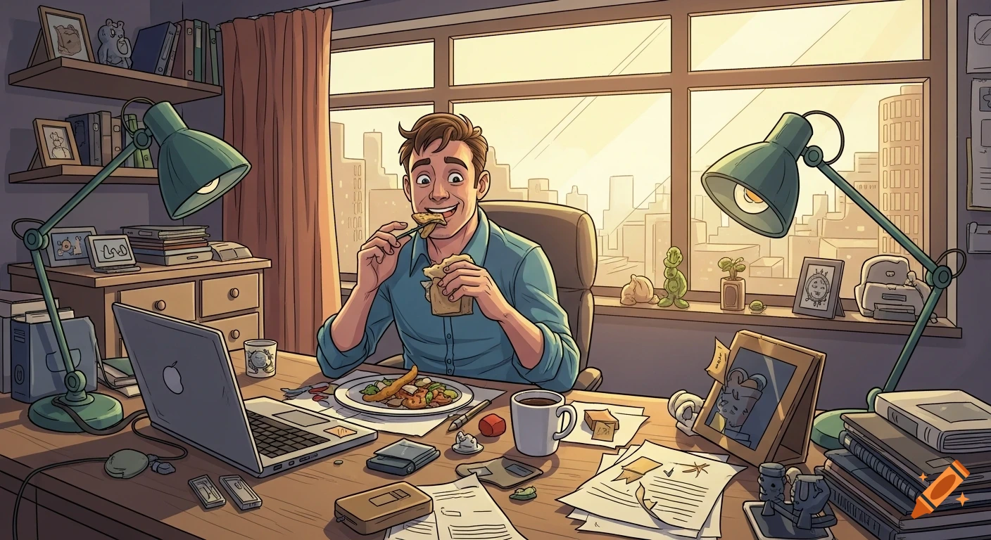 A man in a blue shirt eats lunch at a messy desk with a laptop and two lamps, looking out a large window at a city skyline in comic style.