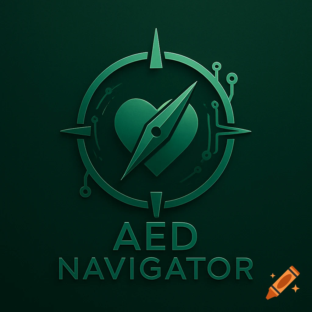 Dark green logo featuring a compass over a heart symbol, integrated with circuit board lines, and the text 'AED NAVIGATOR'.