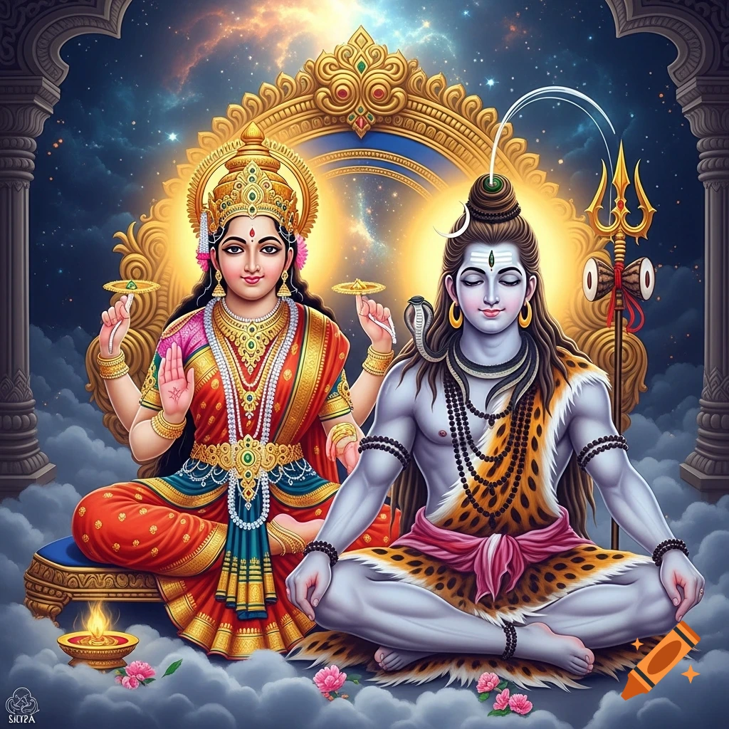 Vibrant illustration of Hindu deities Shiva and a goddess, seated in meditation on clouds against a cosmic sky.