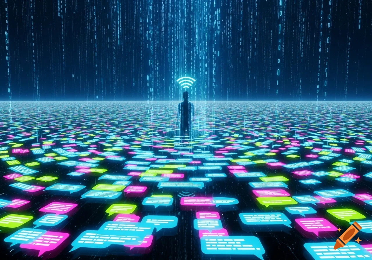 A digital silhouette of a person stands in a field of glowing chat bubbles, with binary code raining down from above in a dark, vibrant, abstract scene.