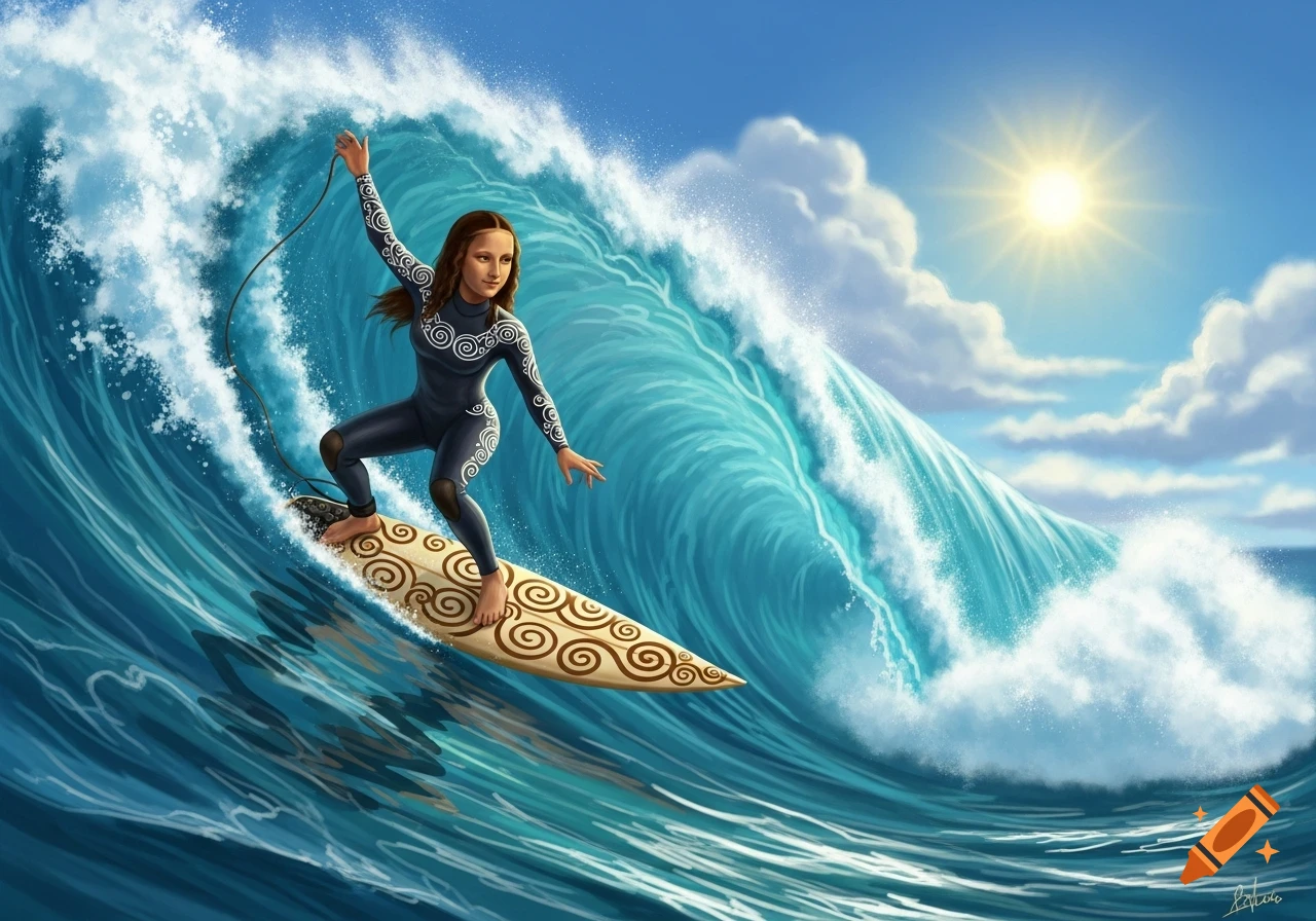 An illustrative rendering of Mona Lisa in a wetsuit on a surfboard, riding a large blue ocean wave under a bright sunny sky.