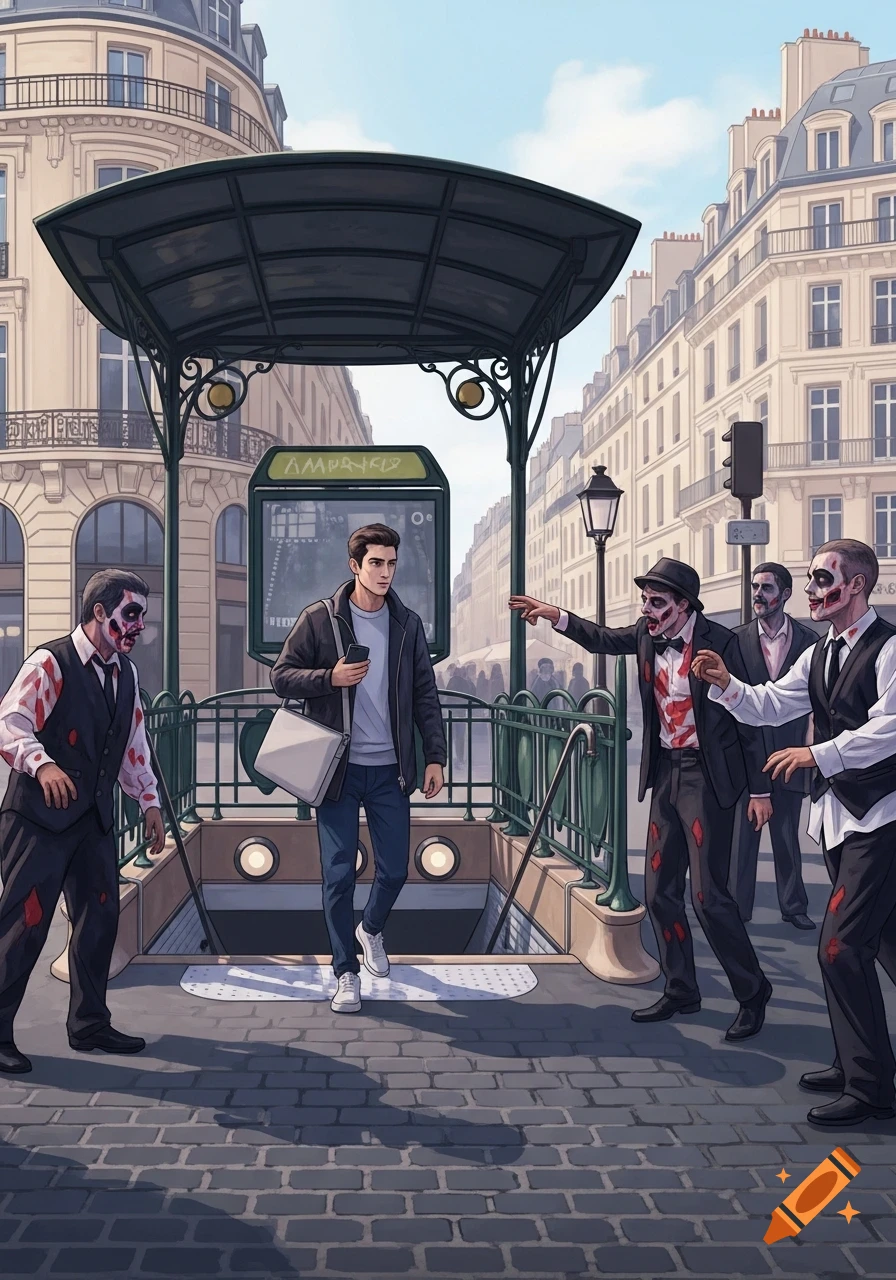 A young man exiting a Paris metro station is confronted by men in zombie costumes on a sunny city street in an illustration.
