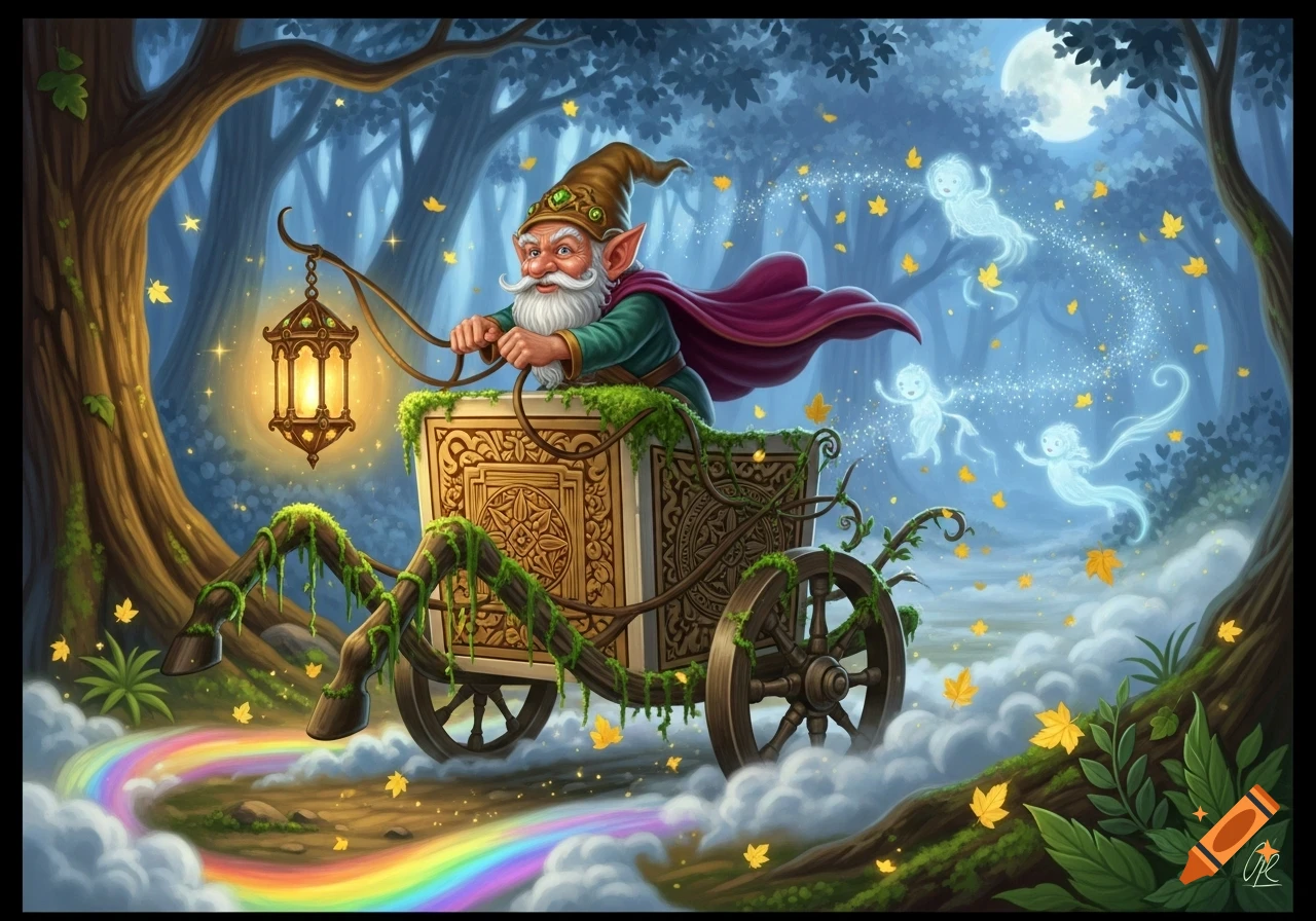 A gnome drives a moss-covered chariot with a glowing lantern through an enchanted forest at night, leaving a rainbow trail, with ghost-like figures flying nearby under a full moon.