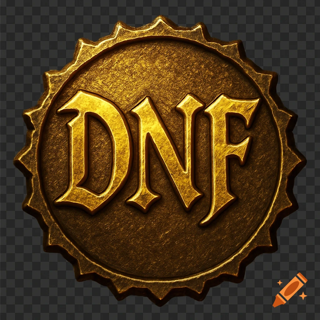 A golden, textured circular emblem with a jagged edge features the letters "DNF" in a gothic font, on a transparent background.