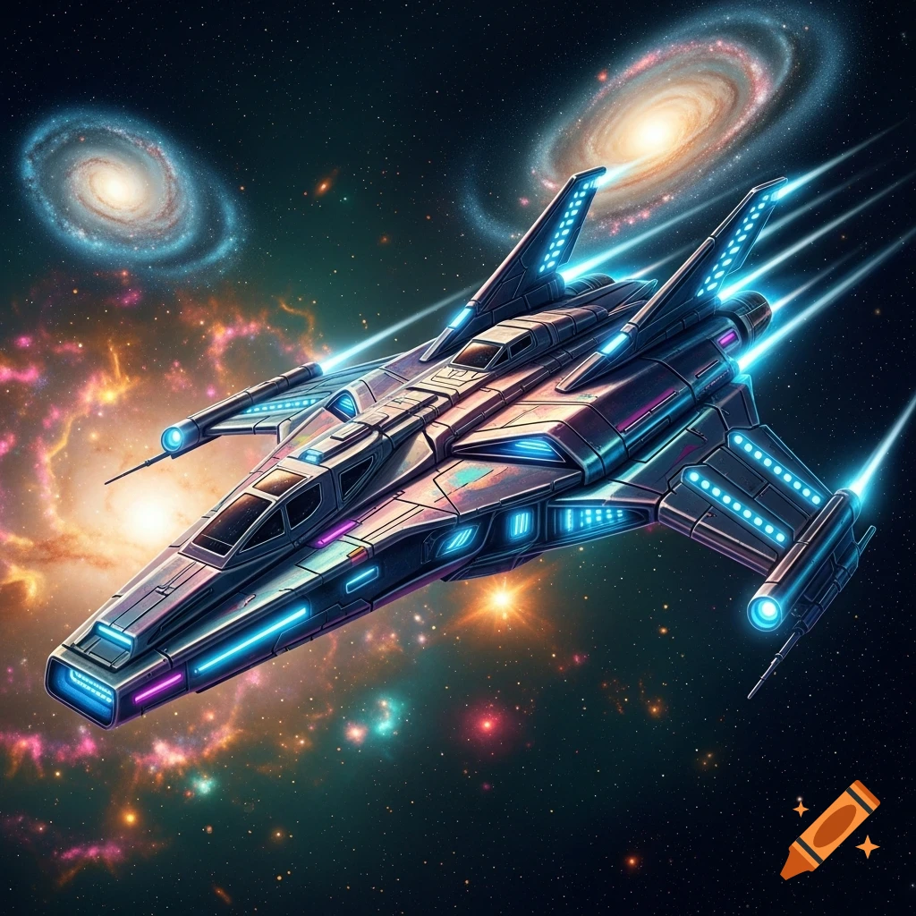 A sleek, futuristic spaceship with neon blue lights flying through a vibrant galaxy with swirling nebulae and stars.