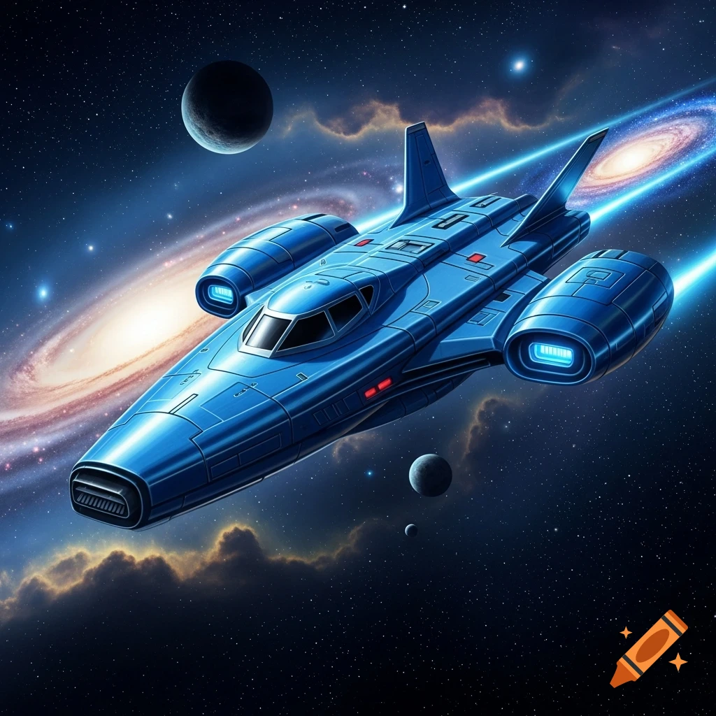 A shiny blue spaceship with pointed round wings flies through deep space, with galaxies and planets visible.
