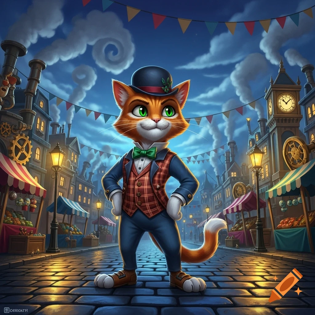 An anthropomorphic ginger cat in a suit and bow tie stands on a cobblestone street in a stylized steampunk city at night.