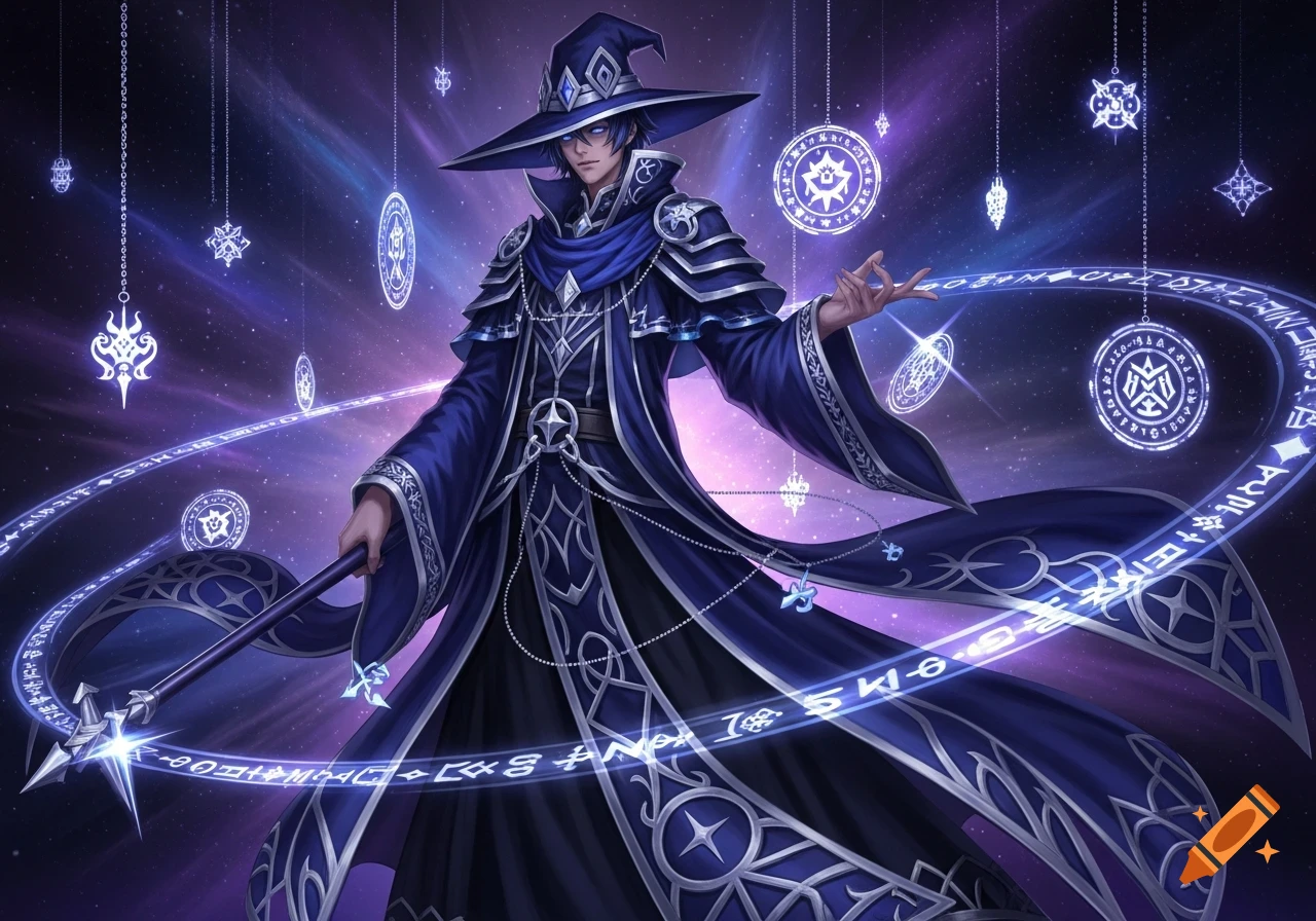 An anime wizard in a blue and silver robe and wide-brimmed hat, holding a staff. Glowing blue magical runes form arcs and float in a starry purple and black cosmos.