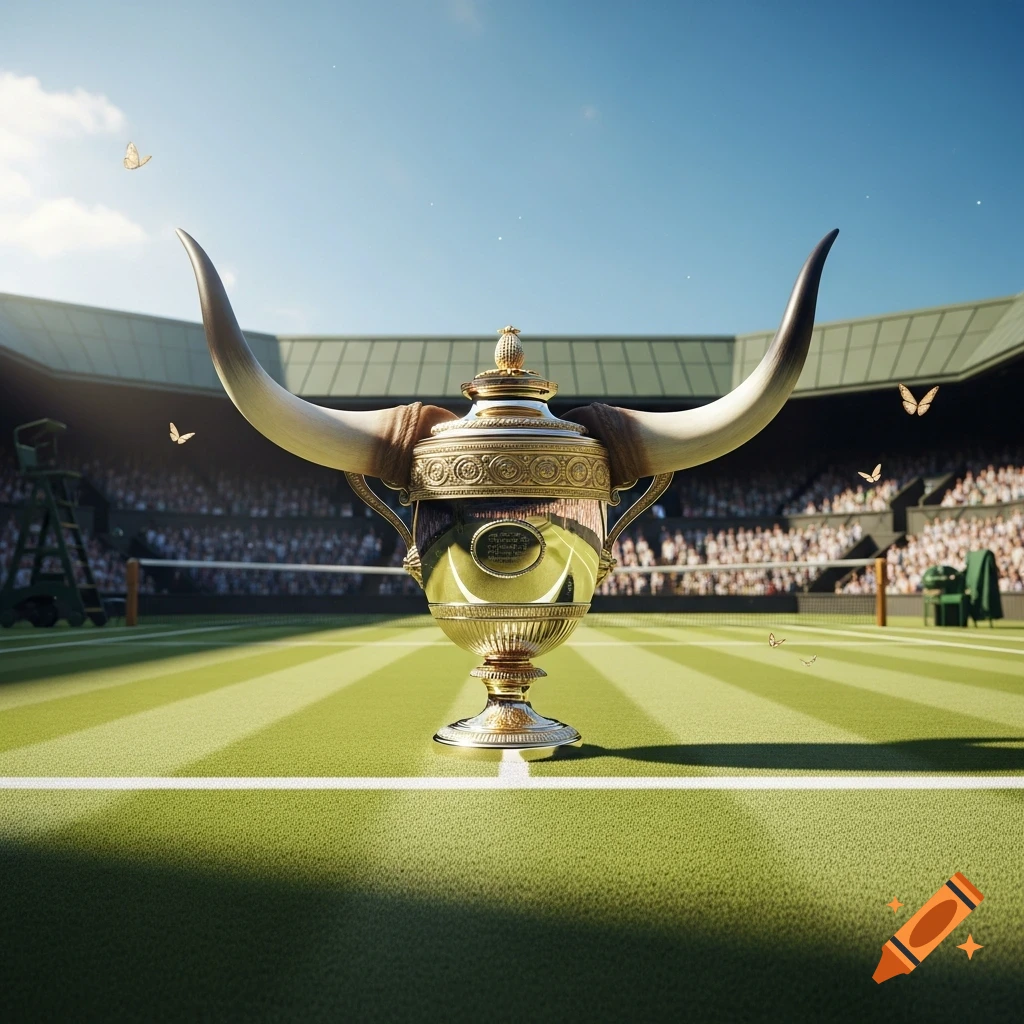 Photorealistic Wimbledon trophy with bull horns on a tennis court, stadium in background, with butterflies.