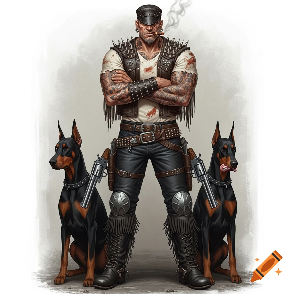 A heavily tattooed man with a spiked vest, leather cap, cigar, and two revolvers in holsters, standing with two Dobermans sitting beside him. Realistic style.