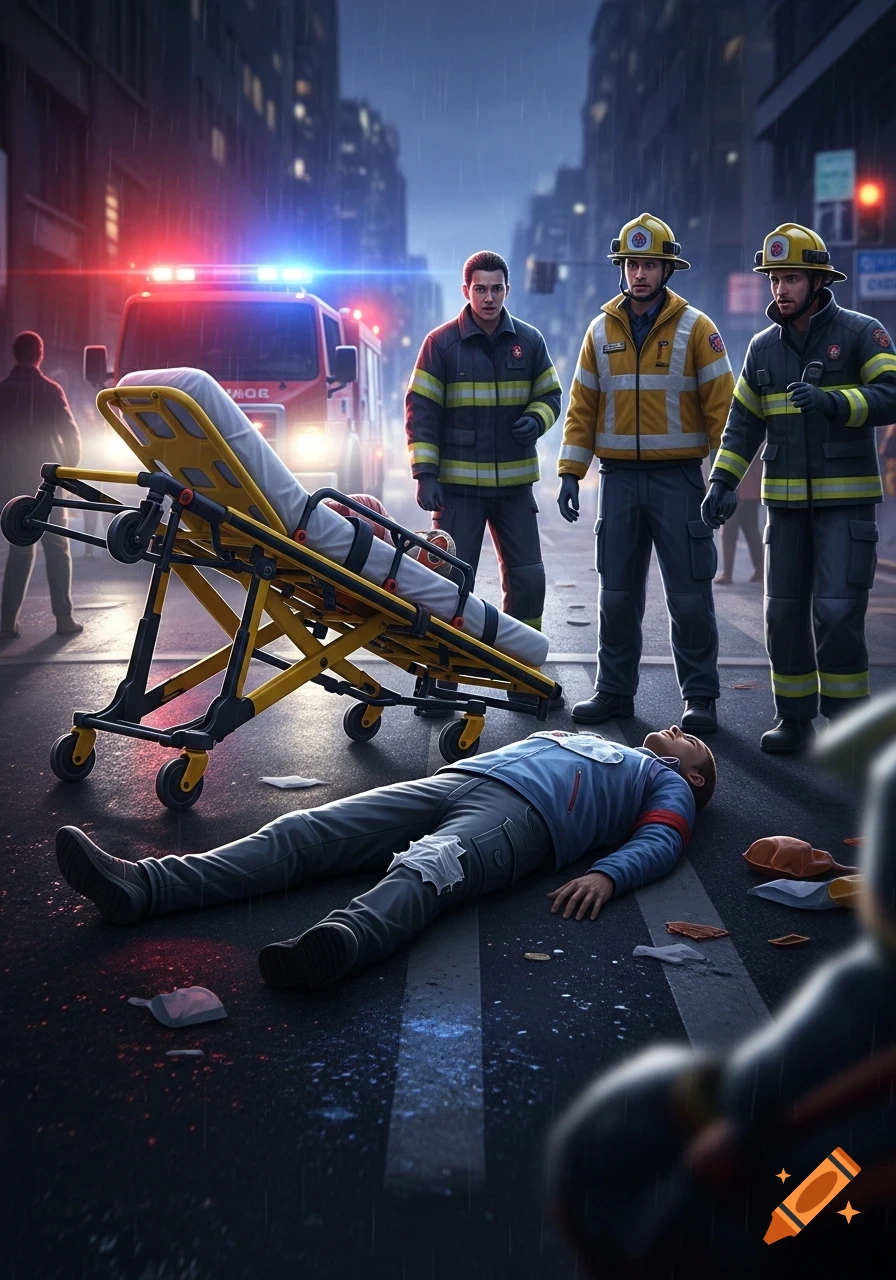 Photorealistic image of emergency personnel attending to a person lying on a wet city street next to an overturned stretcher, with an ambulance in the background.