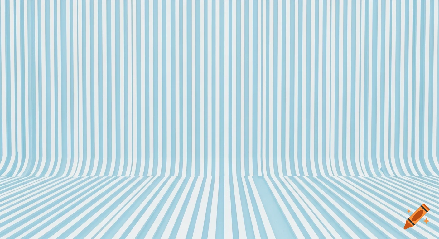 A seamless studio background with light blue and white vertical stripes on the wall curving to form stripes on the floor.