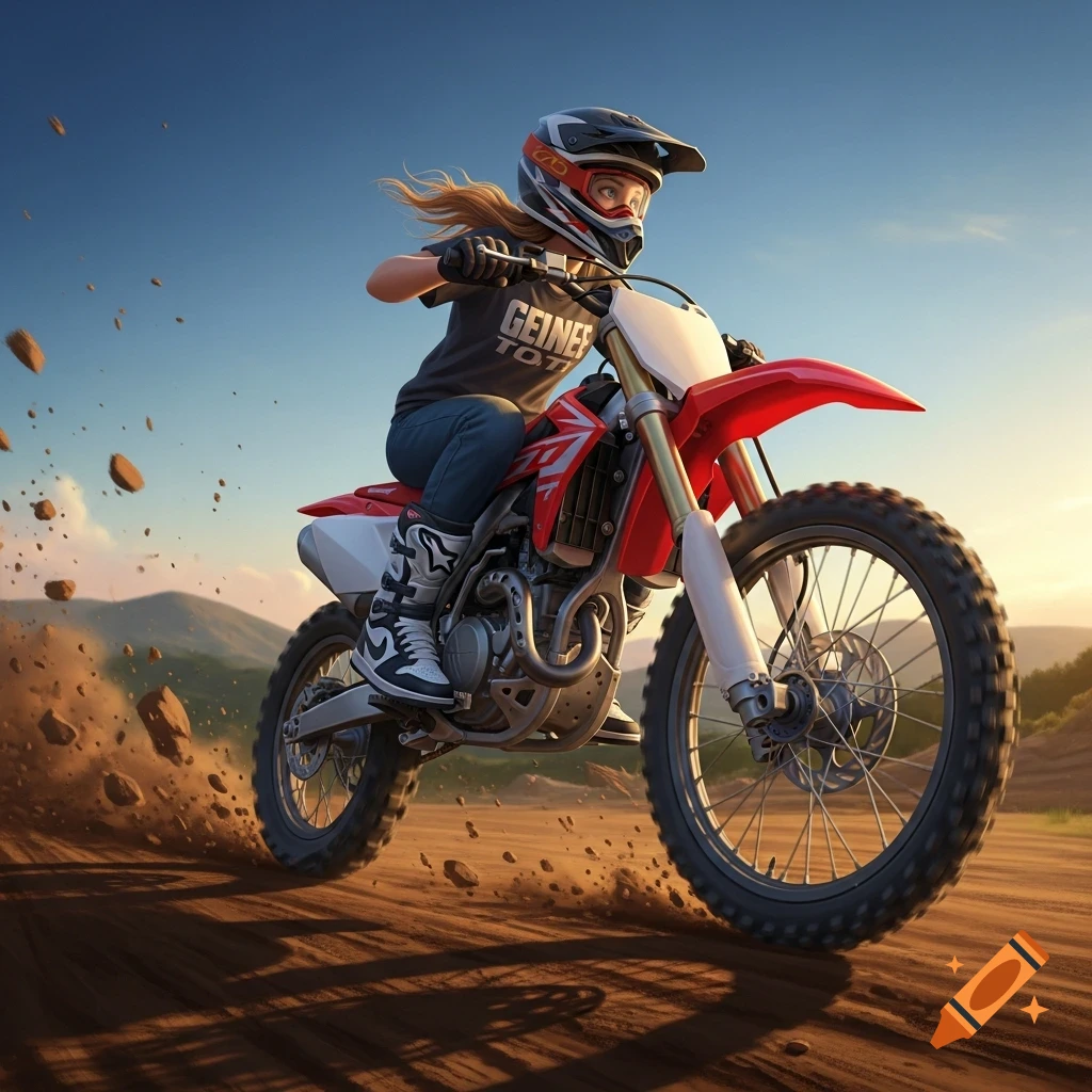 A female motocross rider wearing a helmet and gear races across a dirt track, kicking up dust under a clear sky.