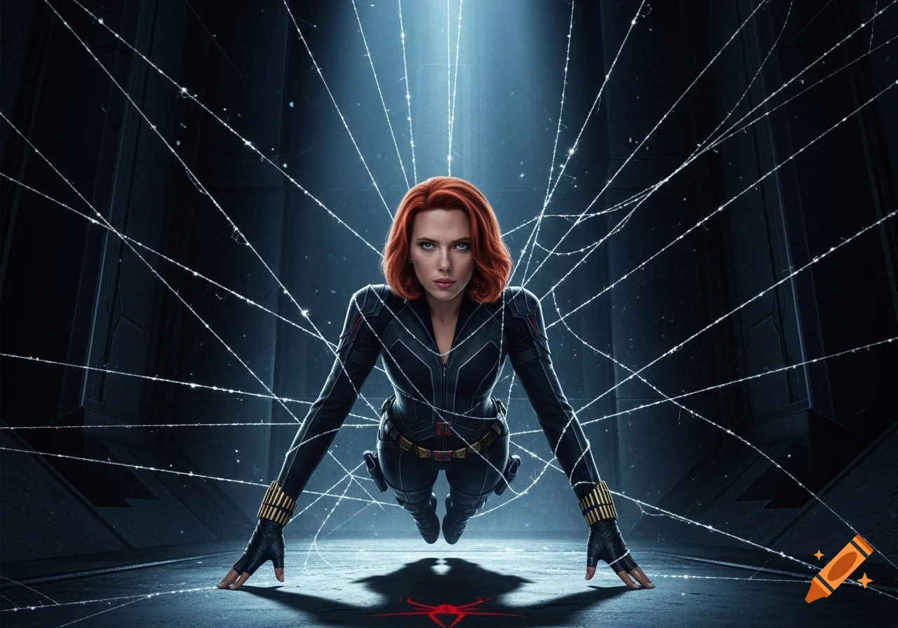 Black Widow, a red-haired woman in a black suit, floats in a dark room with glowing white lines, a red spider symbol on the floor.