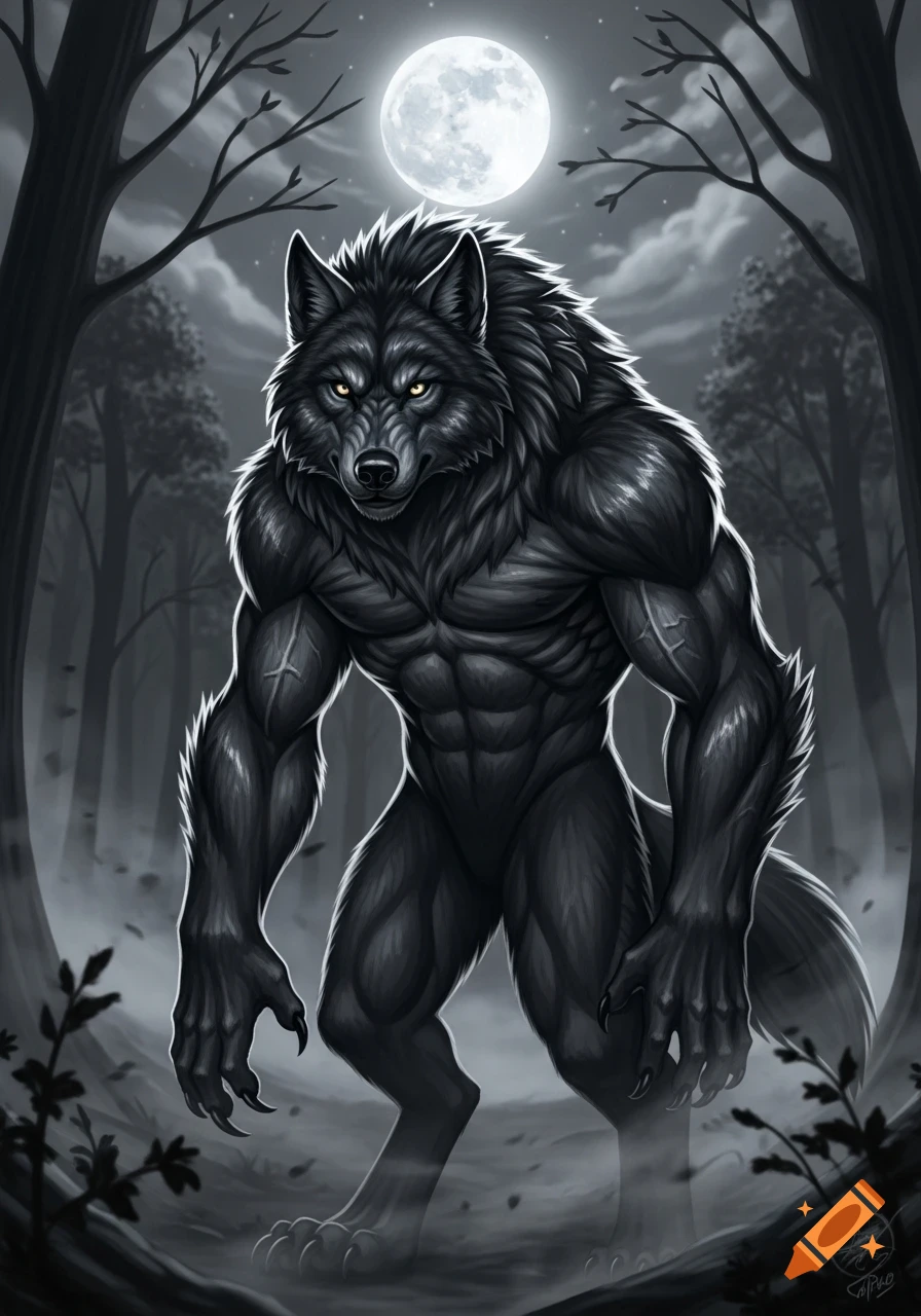A muscular black werewolf with glowing yellow eyes stands in a dark, misty forest under a bright full moon.