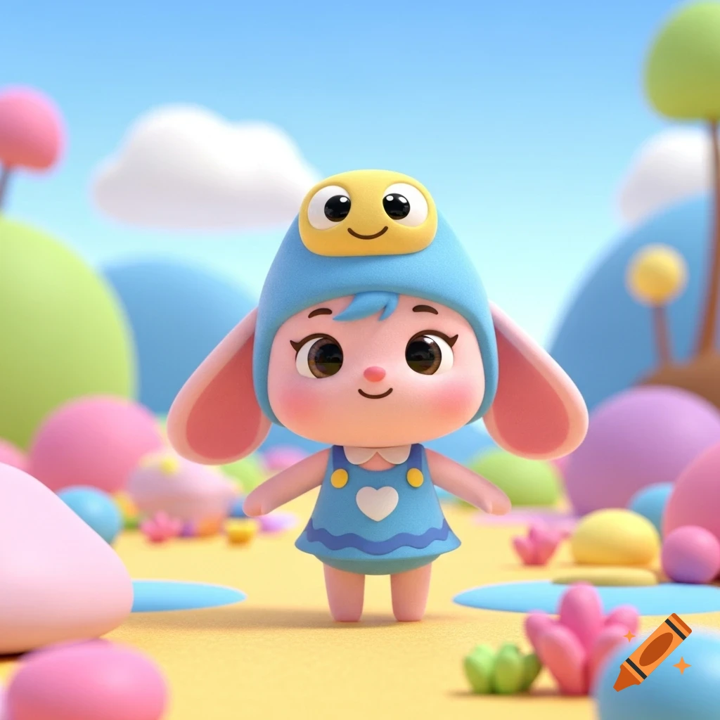 A cute 3D character, possibly a bunny, in a blue dress and a frog hat, stands happily in a whimsical, colorful cartoon landscape.