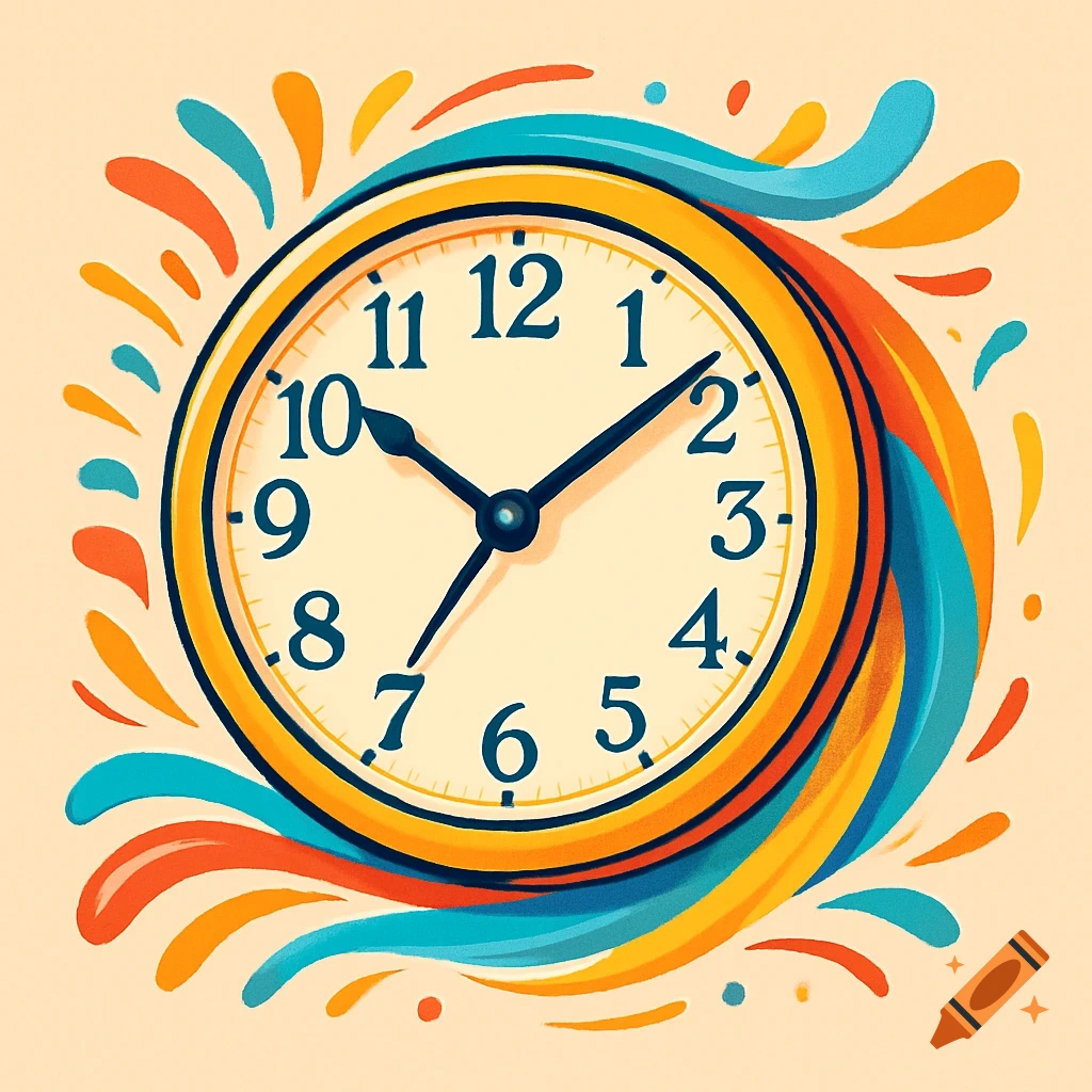A colorful clipart illustration of a clock with dark blue numbers and hands, surrounded by vibrant orange, blue, and yellow abstract swirls.