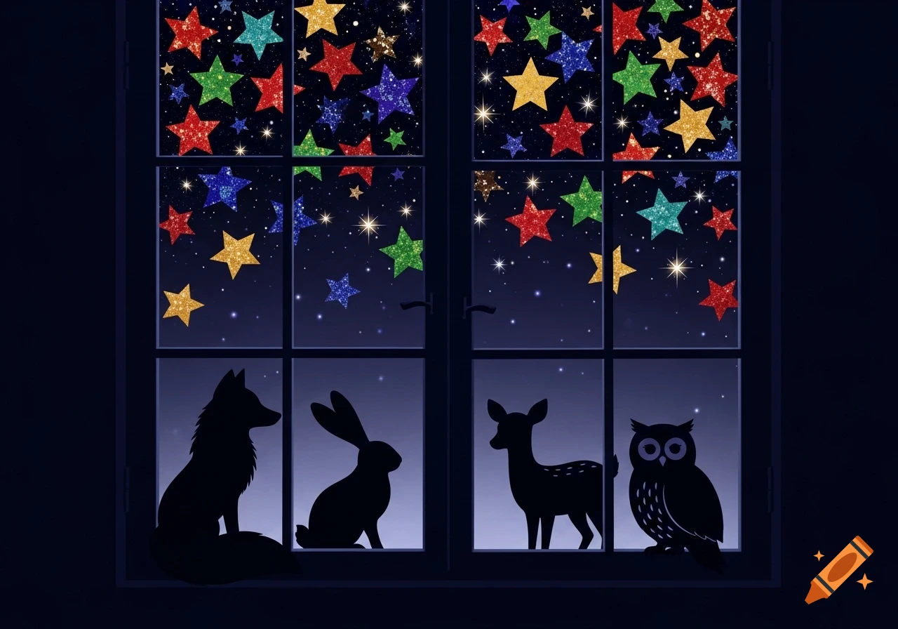 Animal silhouettes of a fox, rabbit, deer, and owl look out a window at a dark night sky filled with colorful glitter stars.