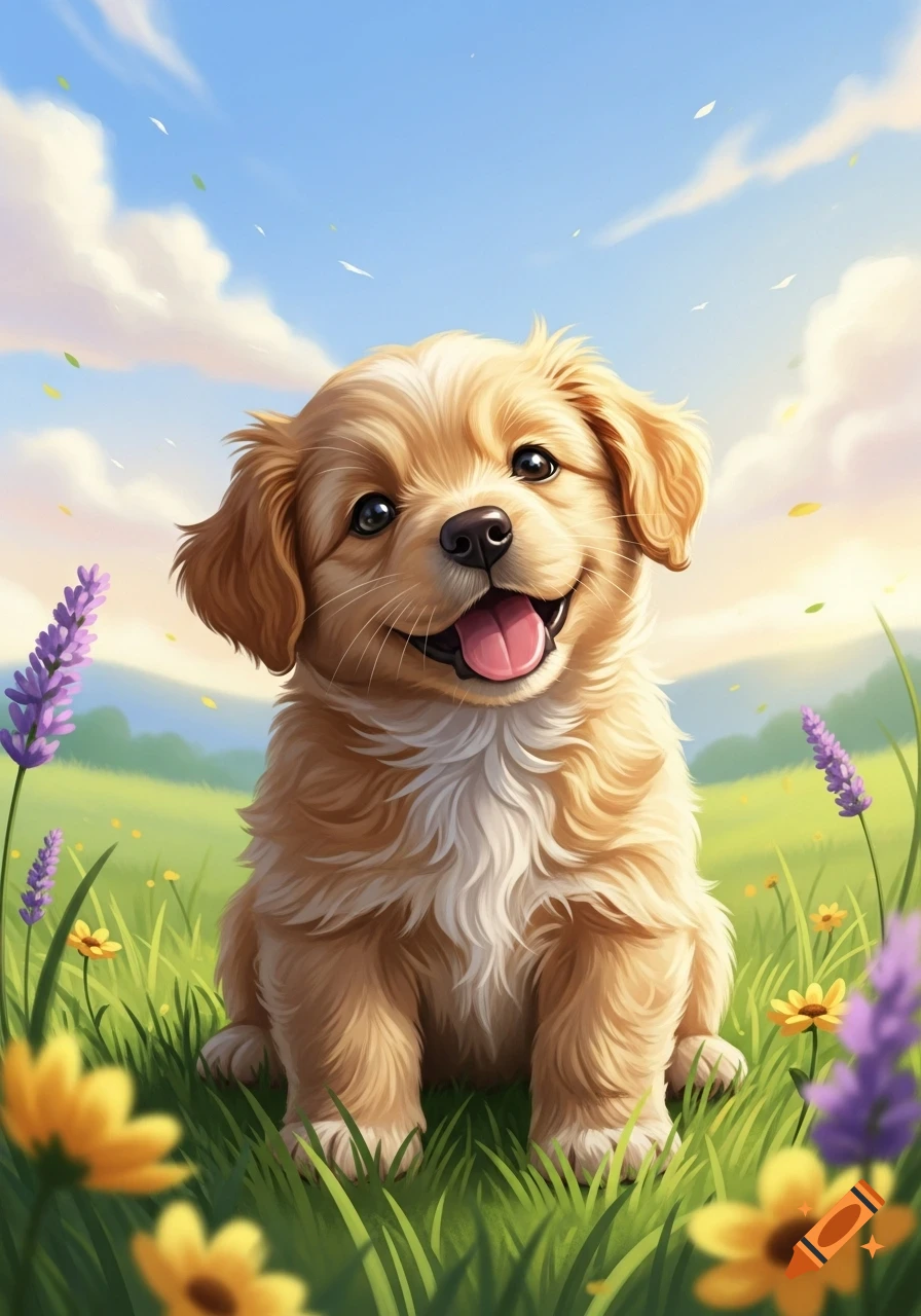 A cute, smiling golden puppy in a vibrant, illustrated grassy field with yellow and purple flowers under a blue sky.