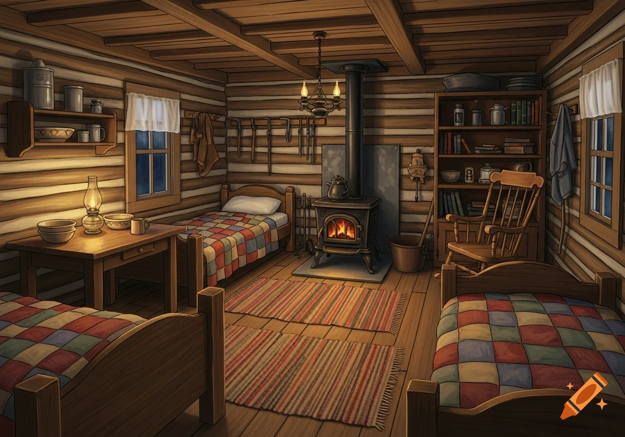 A cozy, rustic log cabin interior with three beds, a central wood stove with a fire, a wooden table with a lantern, and a bookshelf.