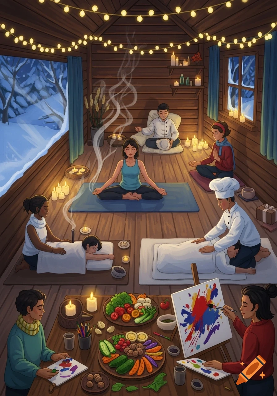 Diverse people enjoying yoga, meditation, massage, painting, and a healthy meal in a cozy, candlelit cabin. Winter scene outside.